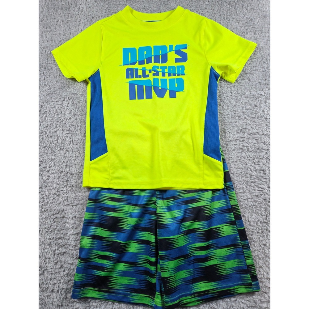 Healthtex 2pc Activewear Set 5T Neon Yellow Blue Kids Dads All Star MVP Shorts T